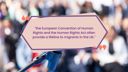 Background with microphone in front of blurred audience and quote reading: "the European Convention of Human Rights and the Human Rights Act often provide a lifeline to migrants in the UK."