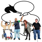 Photos of people with different disabilities speaking up and drawings of speech bubbles in the background