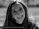 Black and white image of woman with caption reading "Bea Pitel, Campaigns Officer at Child Poverty Action Group"