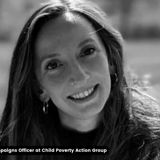 Black and white image of woman with caption reading "Bea Pitel, Campaigns Officer at Child Poverty Action Group"