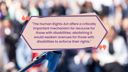 Background with microphone in front of blurred audience and quote reading: "The Human Rights Act offers a critically important mechanism for recourse for those with disabilities; abolishing it would weaken avenues for those with disabilities to enforce their rights."