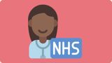 Pink background with cartoon nurse and panel saying NHS