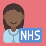 Pink background with cartoon nurse and panel saying NHS