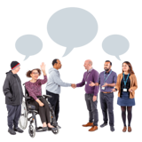 Photos of people talking with drawings of speech bubbles above their heads