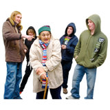 Photo of people standing around an elderly woman bullying her