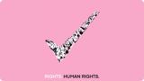 Pink background with tick made up of people icons in black and white and text reading Rights. Human Rights