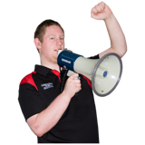Photo of man speaking into megaphone
