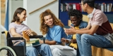 Photo of 4 young people in a college sitting and talking. 