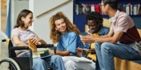 Photo of 4 young people in a college sitting and talking.