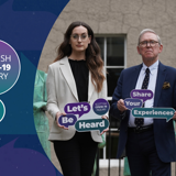Photo of two people holding signs saying "Let's Be Heard Scottish Covid-19 Inquiry"