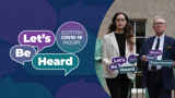 Photo of two people holding signs saying "Let's Be Heard Scottish Covid-19 Inquiry"