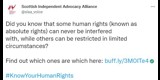 Tweet from Scottish Independent Advocacy Alliance: "Did you know that some human rights (known as absolute rights) can never be interfered with, while others can be restricted in limited circumstances?  Find out which ones are which here: https://buff.ly/3M0ITe4   #KnowYourHumanRights"