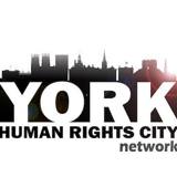 Silhouette of York skyline with text reading York Human Rights City