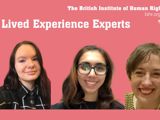 Pink background with text reading Lived Experience Experts and pictures of three women