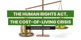 Image of scales weighing up house and stack of coins with text reading: "The Human Rights Act & the Cost-of-Living Crisis by the RITES Committee"