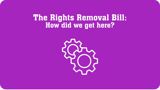 Purple background with cog wheels and white text reading Rights Removal Bill: How did we get here?