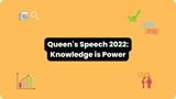 Yellow background with data icons and text reading Queen's Speech: Knowledge is Power